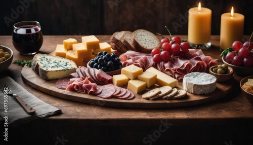  a platter of meats, cheeses, fruit, and crackers sits on a table next to two candles and a glass of wine on the table.