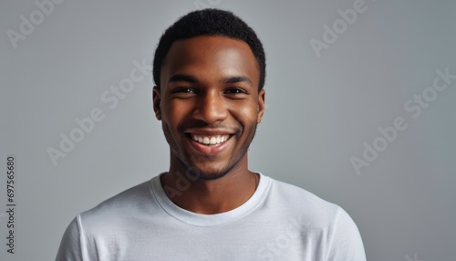  a smiling man in a white t - shirt is looking at the camera and is wearing a white t - shirt with a blue stripe around the neck and a white t - shirt. © Jevjenijs