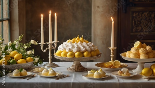  a table topped with a cake covered in icing next to a bunch of lemons and a bunch of small plates filled with lemons next to a bunch of candles.
