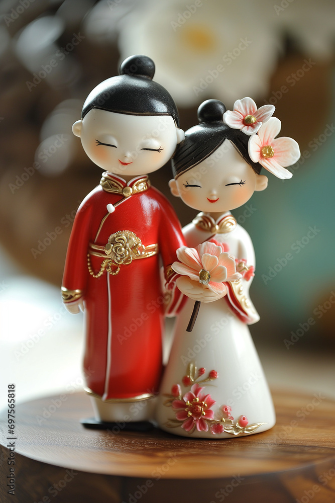 Obraz premium wedding cake topper figurines chinese bride and groom couple with blurred bokeh background