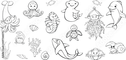 marine animals   vector monochrome drawing  cartoon style  for children s coloring books  and decor.