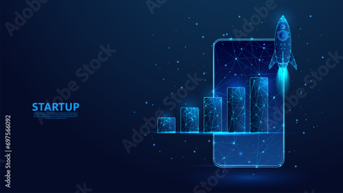 Rocket launch. Startup business growth concept with upward bar chart. Low poly wireframe style technology blue background.