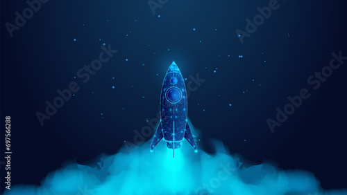 Rocket launch. Startup business growth concept. Low poly wireframe style technology blue background.