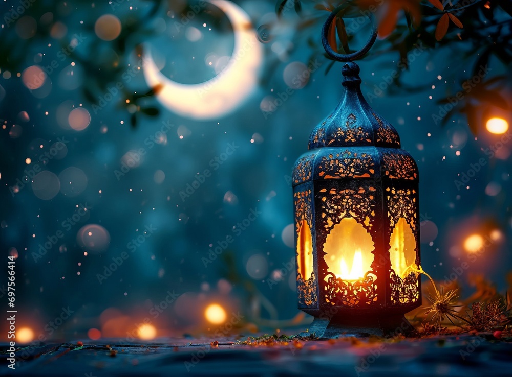 Ornamental Arabic lantern with burning candle glowing at night. Ornamental Arabic lantern with burning candle glowing at night.