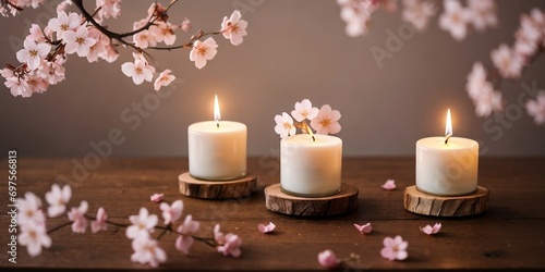 A group of candles with cherry blossoms on a wooden table against a blurred light background.