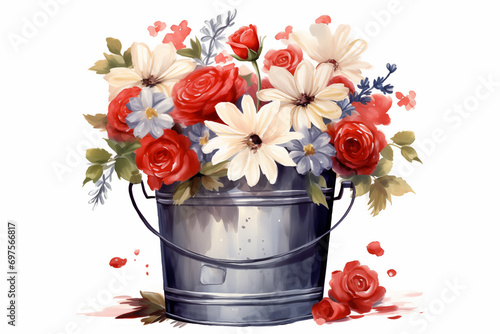 bouquet of flowers in a bucket on the white background