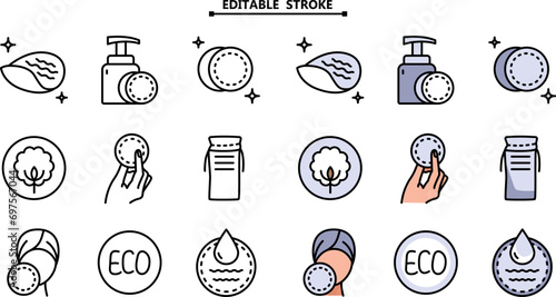 Cotton pads color icons set. Editable stroke. Round Cotton Pads flat icons. Makeup, hygiene products vector illustration. Cotton sponges icons set. Isolated signs on white. photo