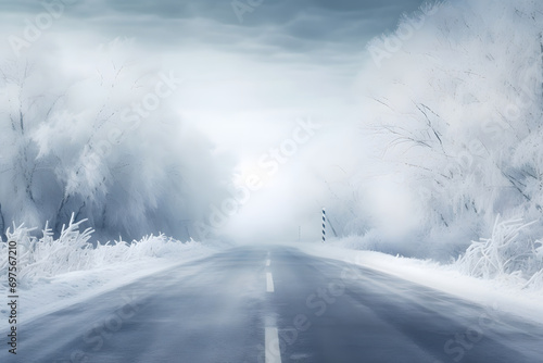 Foggy winter road in the forest.  © D