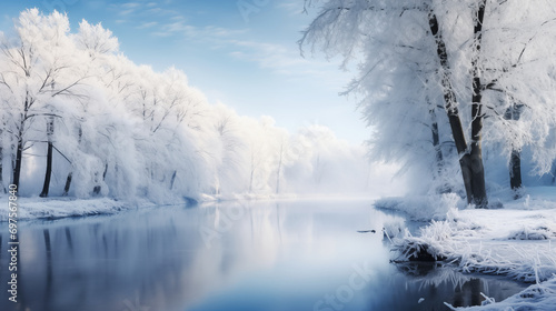 misty, frozen river surrounded by frost-covered trees under a soft blue sky, giving a serene, winter wonderland feeling
