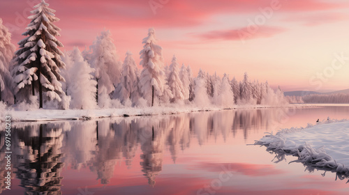 peaceful pink and white winter landscape with snow-covered trees and a lake reflecting the beautiful sunset sky