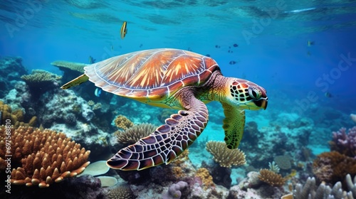 A majestic sea turtle gliding through crystal-clear ocean waters © MAY