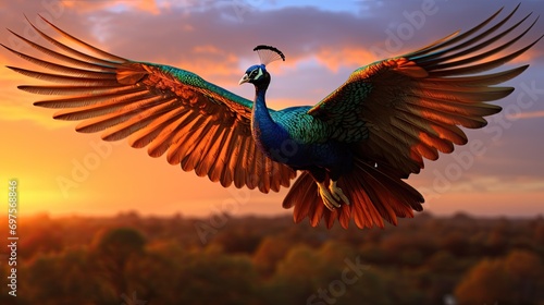 A peacock in flight, soaring against a backdrop of a golden sunset sky photo