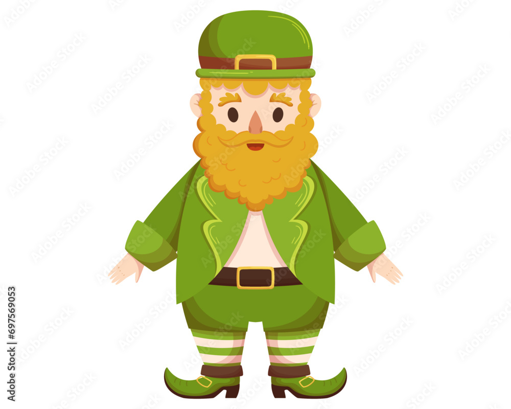 St. Patricks Day Leprechaun character with red beard in green hat and costume or suit. St. Patricks Day Leprechaun character with red beard in green hat and costume or suit.