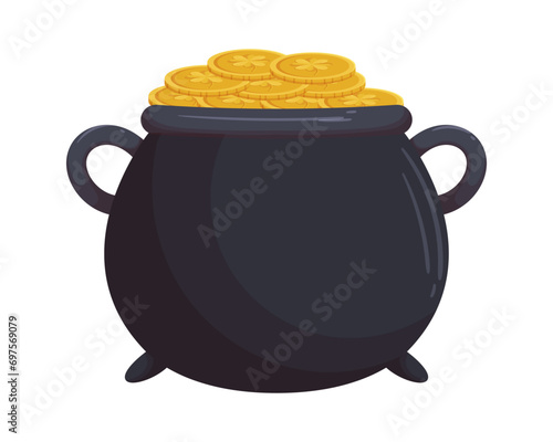 St. Patricks Day Leprechaun pot or cauldron with gold coins.