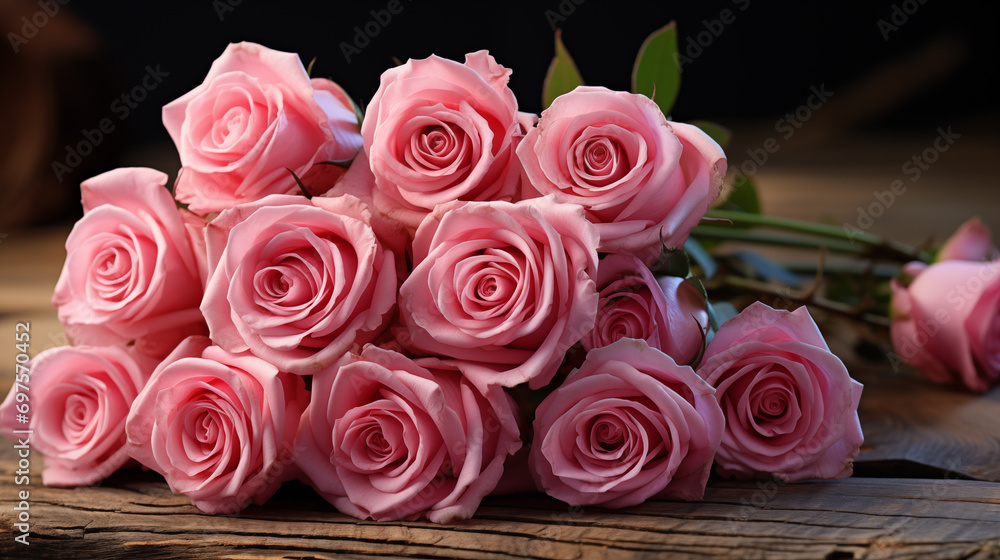 A bouquet of pink roses on a rustic wooden surface, ideal for romantic events like Valentine's Day or anniversaries. A bouquet of pink roses on a rustic wooden surface, ideal for romantic events like Valentine's Day or anniversaries.