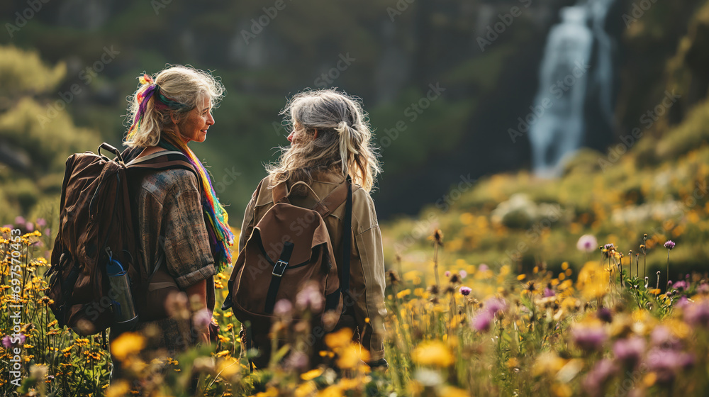 Two lovely senior female friends,  look at each other with love, surrounded by a field of spring flowers