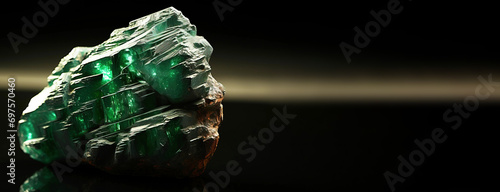 Atacamite is a rare precious natural stone on a black background. AI generated. Header banner mockup with space. photo