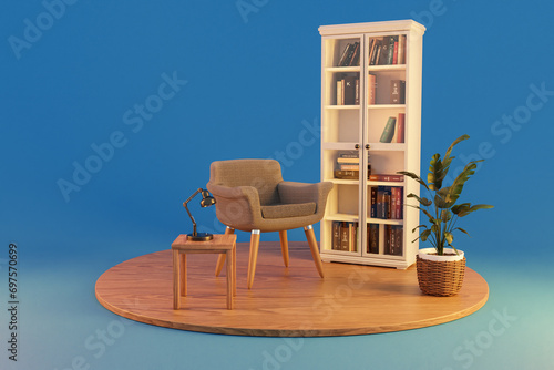 cozy armchair in clean comfortable reading corner; white bookshelf on wooden podest and infinite background; 3D rendering
