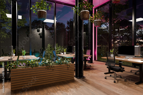 large modern contemporary office with pc workspaces and indoor plants vertical garden; panoramic view rural landscape; sustainability work environment; 3D rendering
