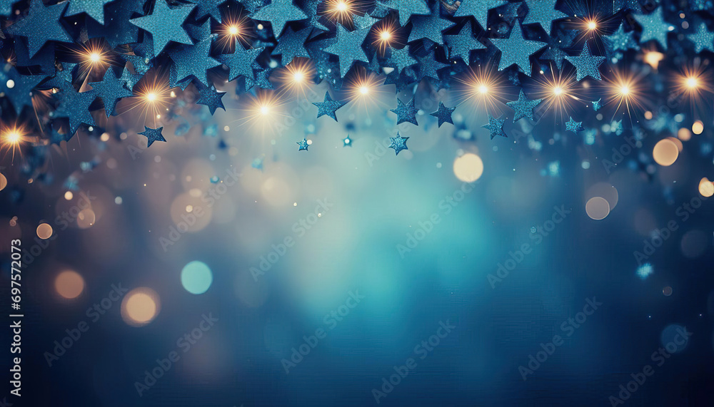 Blue confetti stars with sparkels and bokeh on a blue background with ...