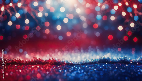 Background with glitter, sparkle and bokeh lights in red blue and white with copy space photo