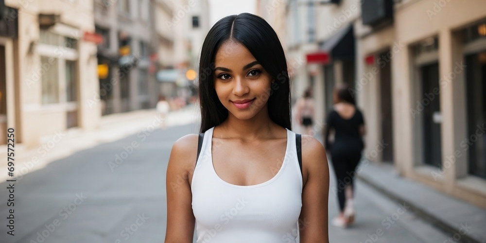 Beautiful stylish black woman smiling and walking on the street with copy space. Beautiful stylish black woman smiling and walking on the street with copy space.
