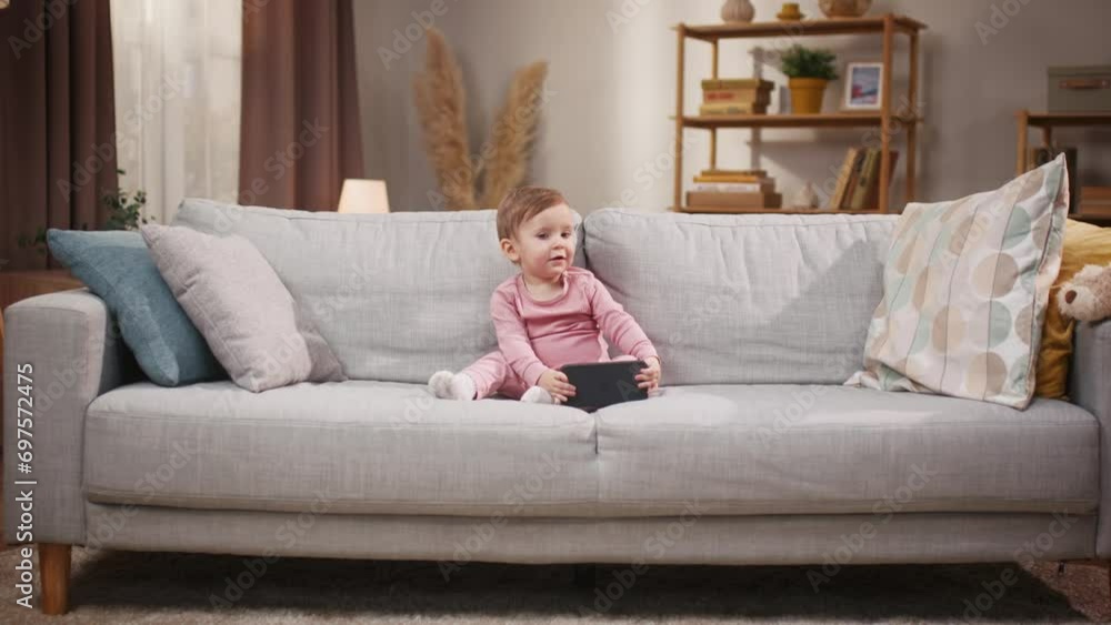 Baby girl sitting on couch. Kiddo girl sitting alone at sofa. Little child playing with smartphone. Little girl isolated on sofa at background of well designed room. New born in pink costume at home. Baby girl sitting on couch. Kiddo girl sitting alone at sofa. Little child playing with smartphone. Little girl isolated on sofa at background of well designed room. New born in pink costume at home.