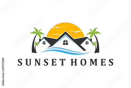 Property real estate house logo design outdoor scene sunset at beach with palem tree decoration. photo