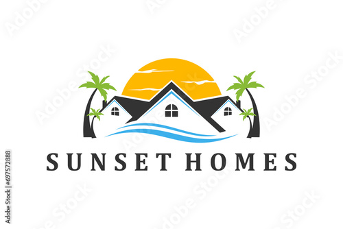 Property real estate house logo design outdoor scene sunset at beach with palem tree decoration.