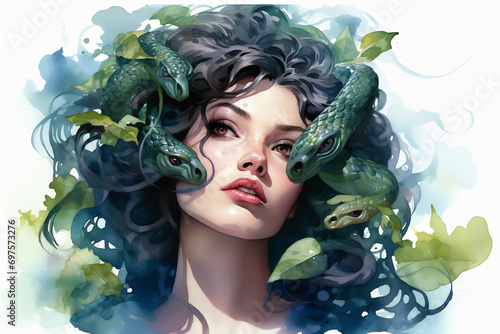 Medusa with snake hair, the mythical gorgon in ancient Greece. Generative AI watercolor illustration. photo