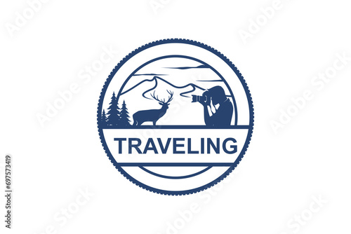 Outdoor wildlife photography logo vintage, silhouette of deer and photographer with mountain background.