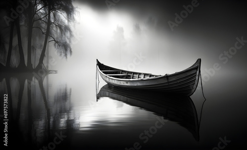 lone rowboat rests on still water under a misty, overcast sky, with ghostly trees reflected perfectly on the water's surface