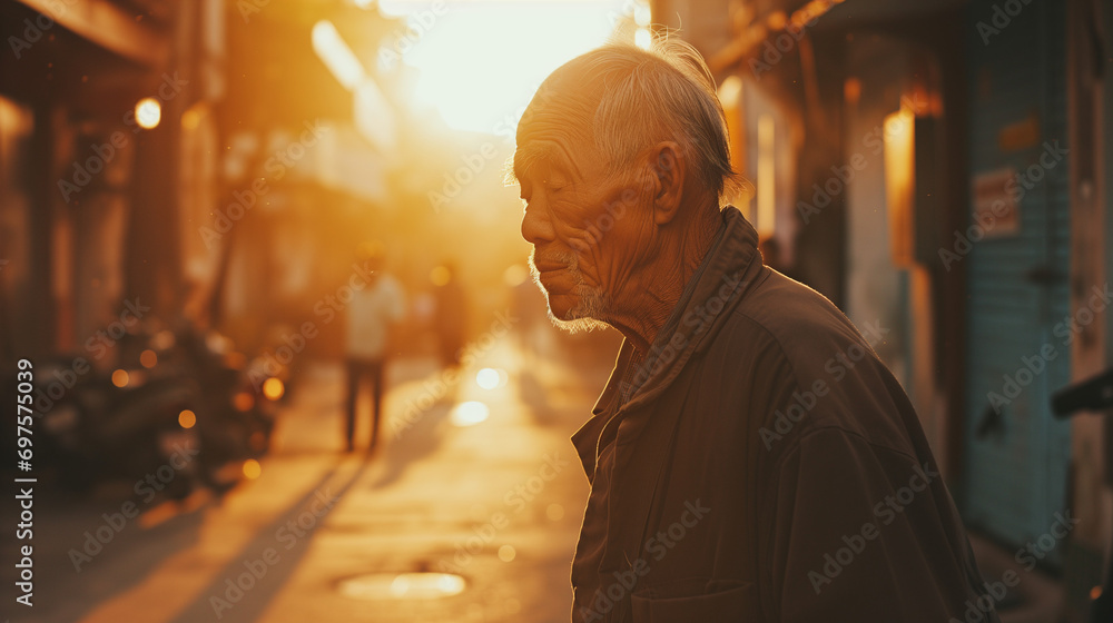 Obraz premium old man in the street in golden light