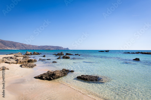 Elafonisi beach in Crete  Greece. Crystal clear sea water and blue sky.
