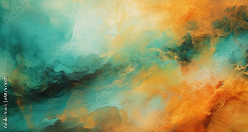 Abstract colorful painting with turquoise and orange colors, in the style of ebru sidar, atmospheric clouds, uhd image, desertwave, abstraction-création, cai guo-qiang, serene visuals