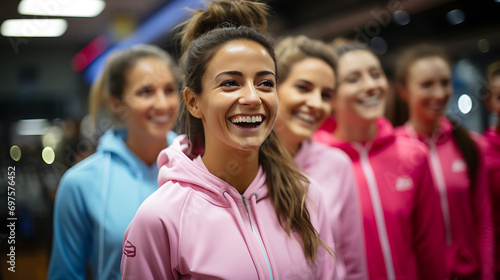 Group of young sport women in a gym, dressed in a top and tracksuit pants. Healthy life. Gym concept.