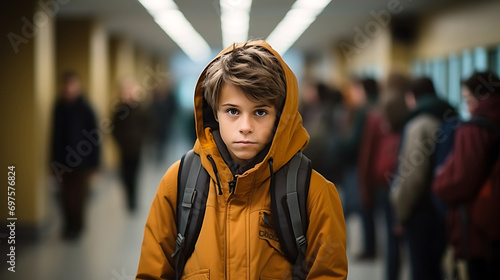 Upset boy standing alone in school corridor. Difficult education, emotions, bullying in school.