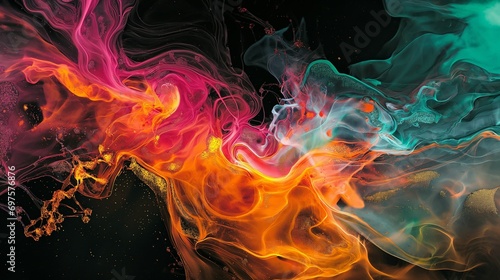 Liquid forms on black background, with a rainbow effect. Orange, pink, and turquaz paint dynamic flow.