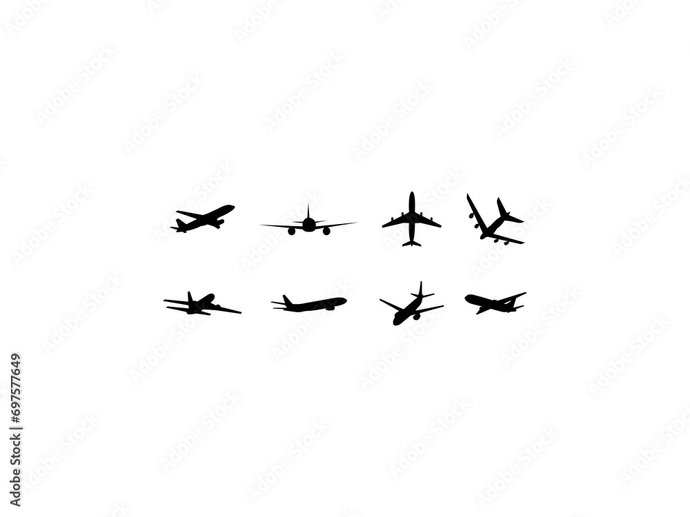 Set of Airplane Silhouette in various poses isolated on white background Set of Airplane Silhouette in various poses isolated on white background