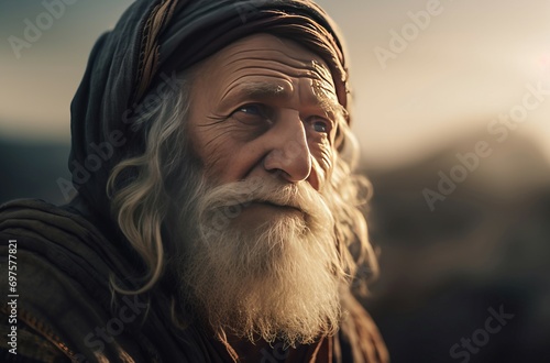 Epic old prophet. Elder and intelligence senior with white beard and ancient cloth. Generate AI