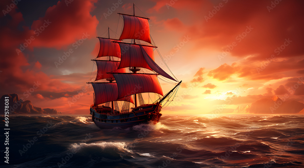sailing ship sailing in the sea on sunset background