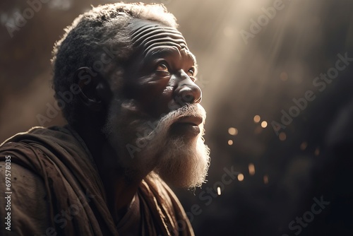 Black man prays. Wisdom and and thoughtful person looking vivid sunshine. Generate AI photo