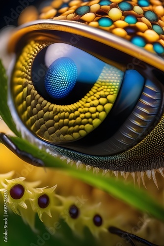 Close-up image that highlights the intricate facets and patterns of a compound insect eye, background image, generative AI