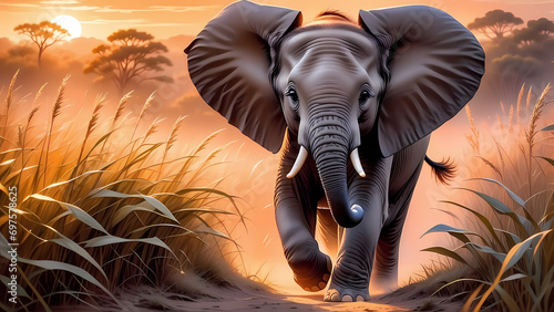 World Wildlife Day, Elephant Baby Running Between The Tall Grass Of African Jungle during Sunset