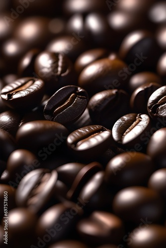 Close-up image that unveils the rich textures and details of individual coffee beans. Highlight the surface characteristics, background image, generative AI