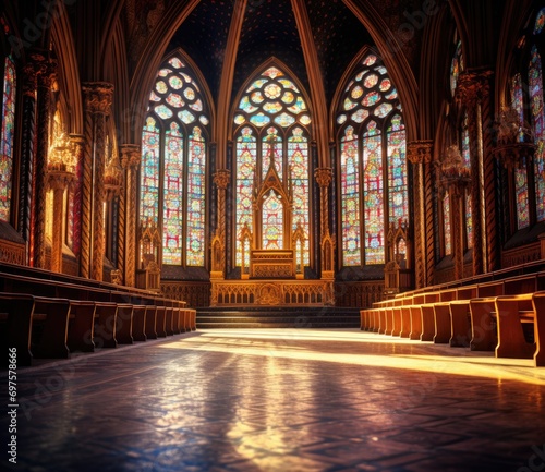 A church with a large stained glass window. Generative AI.