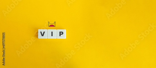 VIP Access, Members Only, Exclusive Entry, First Dibs, Privileged Access. Block Letter Tiles and Icon on Yellow Background. Minimalist Aesthetics. photo