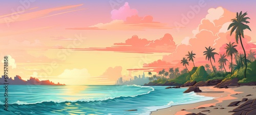 Serene Beachscape. Artistic Illustration of Beautiful Calm Beach at Evening in Retro Wave Style