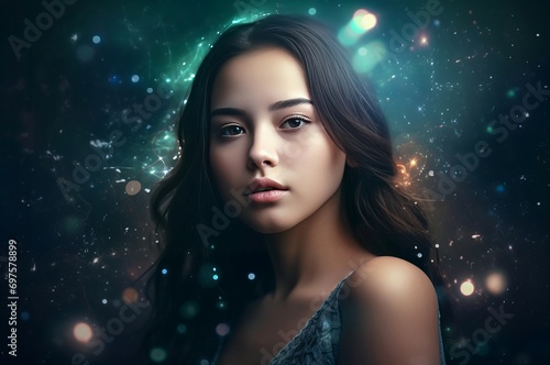 Girl studio shot on galactic stellar sky. Attractive girl on ethereal universe celestial constellation. Generate ai