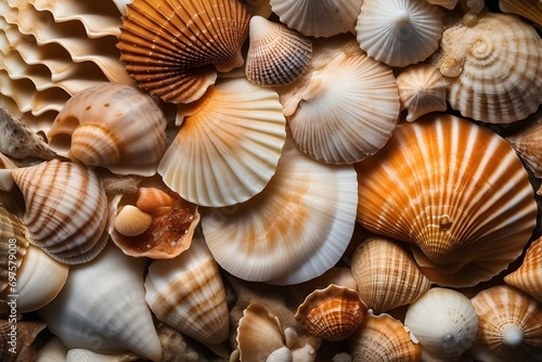 Close-up image that captures the diverse and intricate textures of seashells, background image, generative AI